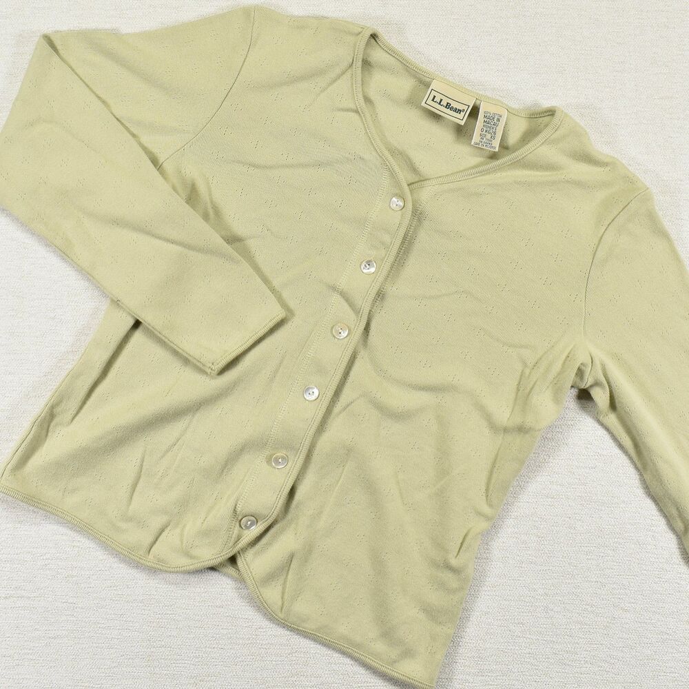 LL Bean Cardigan Sweater Womens XS Light Sage Green 100% Cotton Pointelle Knit